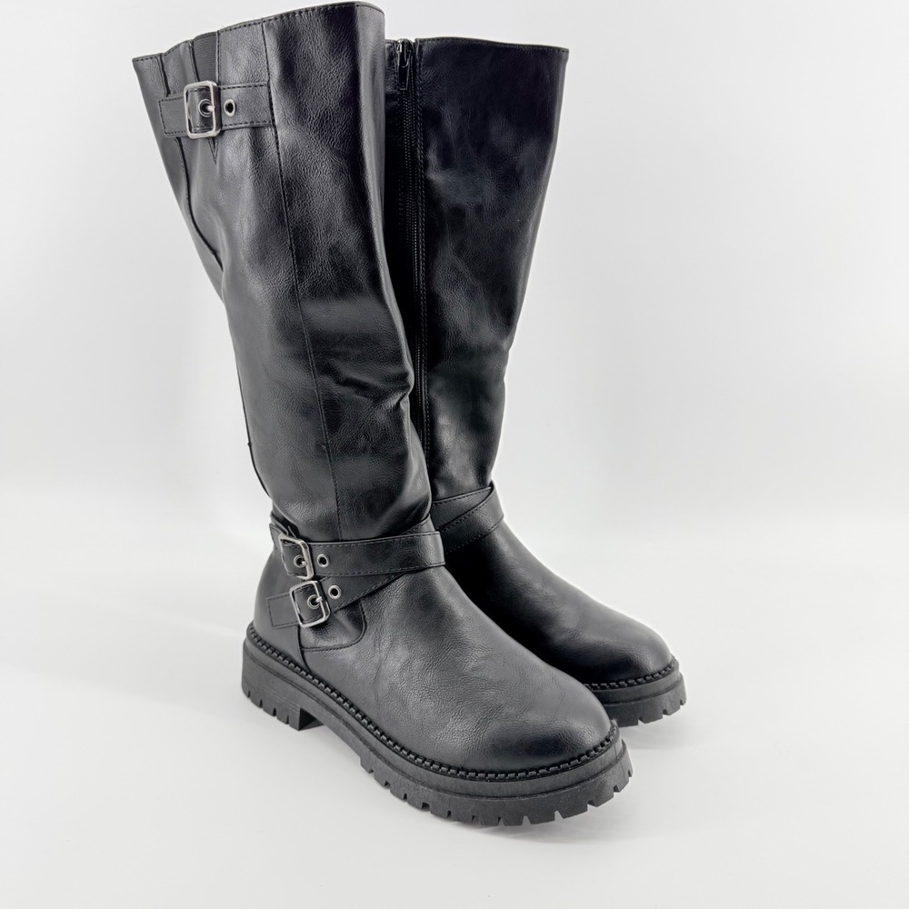 Baldwin Boots Womens 6.5 Black Pop Baldwin Tall Moto Lug Sole Buckle Knee High